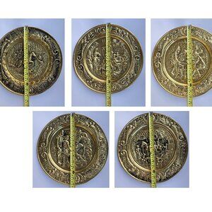 Set of 5 Vintage 3D Brass Embossed Metal Wall Plates, Life and Pub scenes